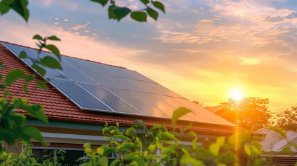 Panel solar energy photovoltaic power roof sun home cell system green house eco industry. Solar energy building panel future electric engineer technology ecology sunset nature station sky light work 