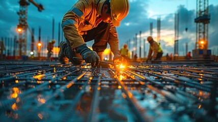 Construction workers fabricating steel reinforcement bar - obrazy, fototapety, plakaty