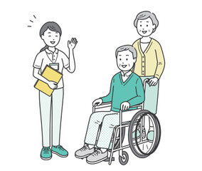 ケアマネから説明を受ける車椅子高齢者男女夫婦イラスト