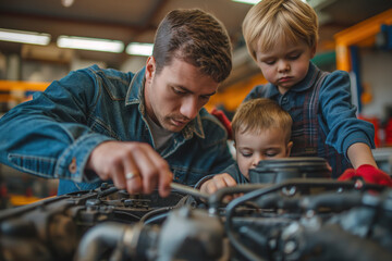 a father and son repairing a car engine in the garage - obrazy, fototapety, plakaty