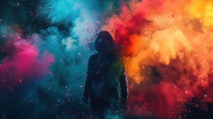 minimalist background of Wallpaper suitable for the holi with a happy alabic person covered in vibrant multicolored powder. - obrazy, fototapety, plakaty