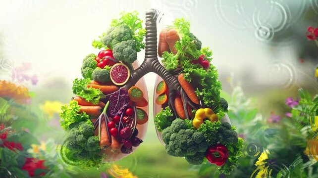 vegetables and fruits in the form of lungs. 3d render picture of video