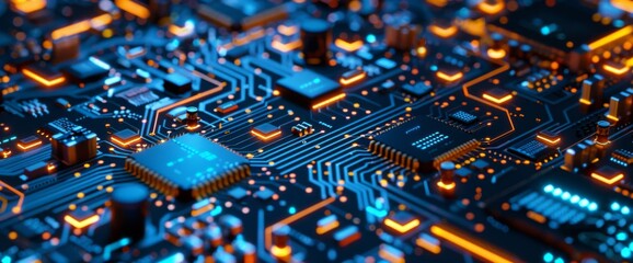 3d rendering of circuit board background with closeup view on chip and baseboard