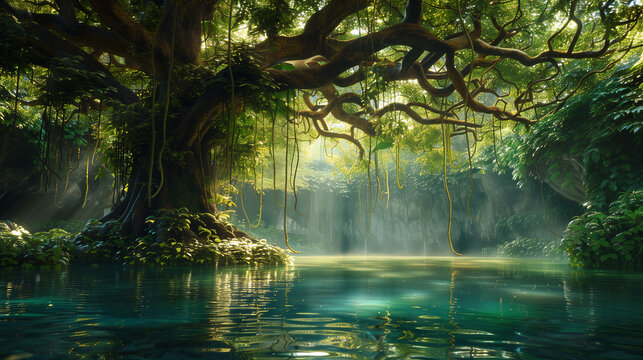 A tropical tree with many vines hanging down from its branches over a still pool of water.
