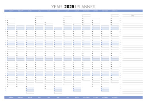 Blank blue annual planner, 2025 year wall calendar for daily agenda. Schedule page journal, stationery calendar, organizer, planner template with twelve months minimalist style vector illustration
