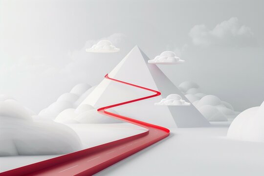 A red and white four level pyramid, a roadmap runs through the pyramid and the minimalist clouds.
