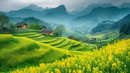 Spring, rural houses in China,Asia, look livable among the green mountains and green waters.