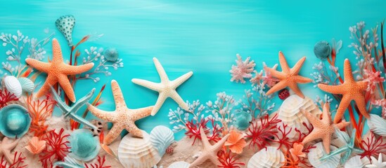 An underwater art event featuring a bunch of electric blue starfish and seashells on an azure background, creating a marine biologyinspired composition in aqua hues