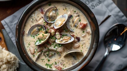 bowl of clam chowder, overhead, has a gray copy area.