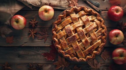 Apple pie on wooden background - obrazy, fototapety, plakaty