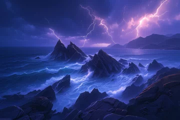 Foto op Plexiglas Donkerblauw Stormy ocean, seascape with thunder and lightning