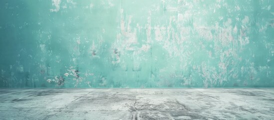 An empty room with a blue wall resembling the fluidity of water, contrasted by a concrete floor. A serene visual arts landscape with a natural horizon