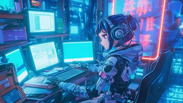 illustration of a robot woman working in front of a computer
