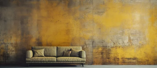 Zelfklevend Fotobehang A studio couch made of wood is placed in front of a yellow wall, contrasting with the natural landscape painting hanging above it © 2rogan