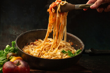 photograph of fettuccini carbonara noodles with tomato sauce garlic various seasonings in an old...