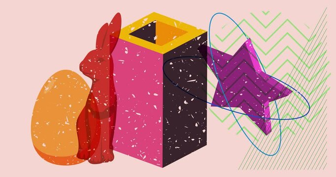 Risograph Easter, egg and bunny with geometric shapes animation. Moving object in trendy riso graph design video.