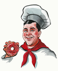 Baker with doughnut. Hand drawn ink and watercolor illustration - 756140712