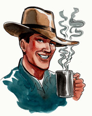 Cowboy drinking a mug of coffee. Hand drawn ink and watercolor illustration - 756140724