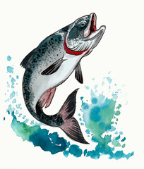 Jumping salmon fish. Hand drawn ink and watercolor sketch - 756140734