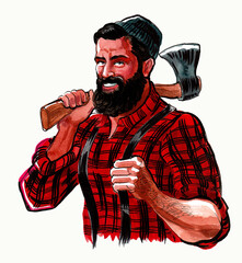 Canadian lumberjack. Ink and watercolor drawing - 756140741