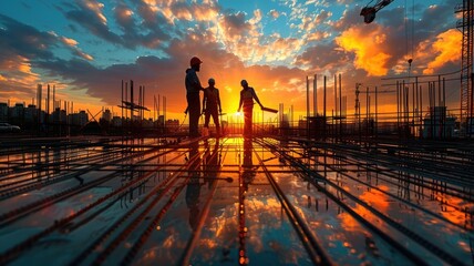 Construction workers fabricating steel reinforcement bar - obrazy, fototapety, plakaty