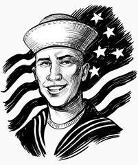 American navy sailor. Hand drawn ink black and white drawing - 756140769