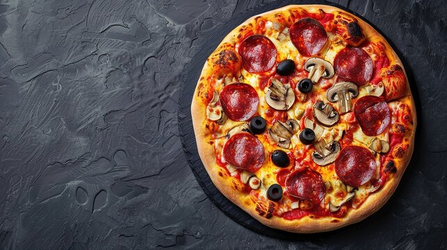 Delicious pepperoni pizza with mushrooms and olives On the black stone background There is space to write a message