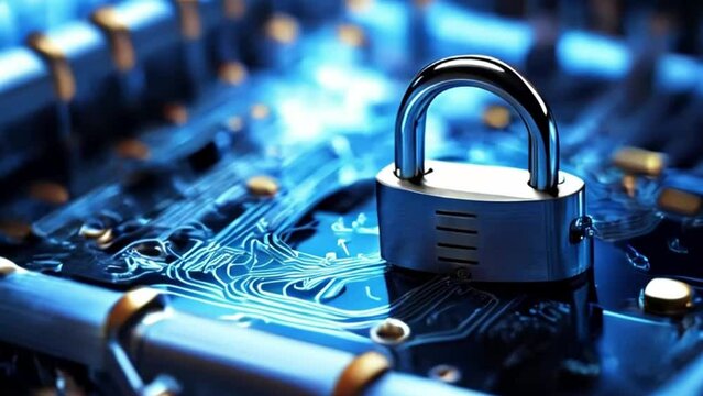 Cyber security and protection of private information and data concept. Locks on blue integrated circuit. Firewall from hacker attack.