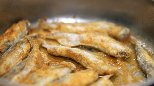 Fried Fish In Pan. Fish Frying In Oil. Roasted Seafood Cuisine 4K