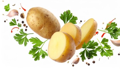 Flying potato, parsley and spices isolated on white