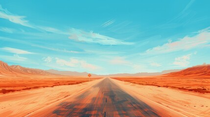 Naklejka premium Empty route 66, usa, digital painting. Desert, valley of death. 4k Wallpaper, background. Blue sky, orange sand with an empty asphalt road