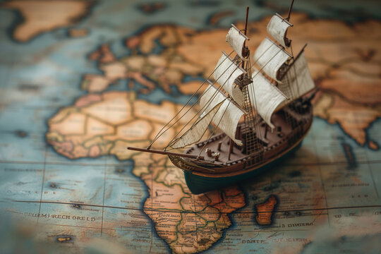 Old sailing ship model on world map , exploration and explorer concept image