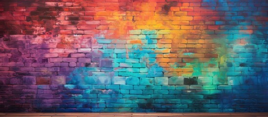 A vibrant magenta and aqua painting adorns a brick wall, creating a beautiful contrast against the...