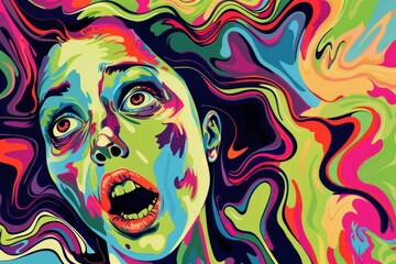 Illustration of Scared woman colorful surreal background design