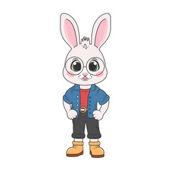 Bunny boy in blue shirt, dark pants and boots. Easter illustration. Cartoon animal character. Flat vector character isolated on transparent background.