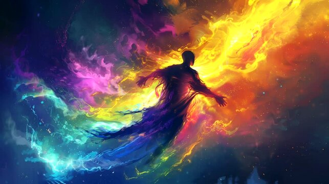 Silhouette of human body with colorful aura. Fantasy landscape anime or cartoon style, looping 4k video animation background