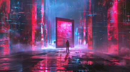 Silhouette of a person standing before a futuristic portal in a cyberpunk cityscape
