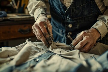 A tailor repairing a torn garment emphasizing clothing repair and alterations