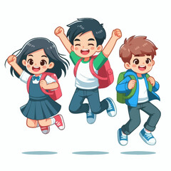 Happy school multiracial children joyfully jumping and laughing isolated on white background. Concept of happiness, gladness and fun. Vector illustration for banner, poster, website, invitation