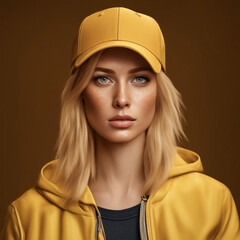 Portrait of a pretty blonde girl in a yellow sweater and baseball cap. - 756143904