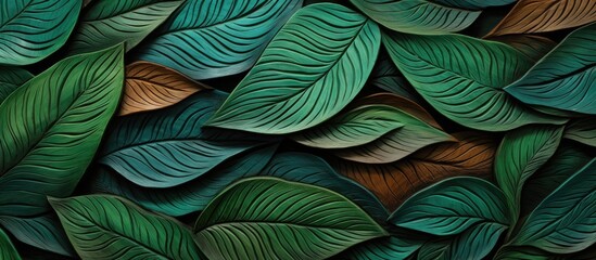 A pattern of green and brown leaves from flowering plants are artfully stacked on top of each other, creating a beautiful display of terrestrial plant life