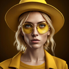 Portrait of a serious young woman in glasses and a hat, yellow color. - 756143966