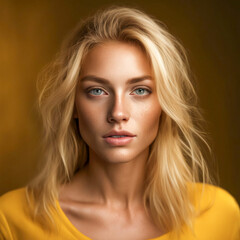 Portrait of a very beautiful blonde with gray-blue eyes on a dark background.