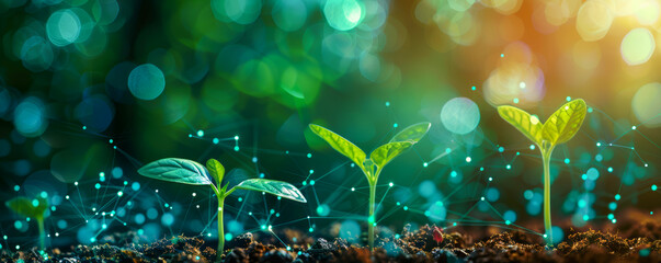 Seedlings combined with digital elements Green and colorful technology background that showcases sustainable investment. Ideal for projects focused on environmental sustainability and innovative finan - obrazy, fototapety, plakaty