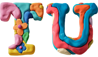 3D clay alphabet T,U isolated on white