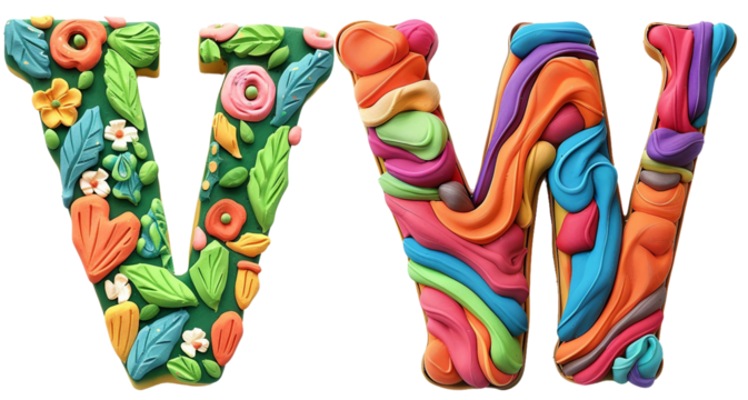 3D clay alphabet V,W isolated on white