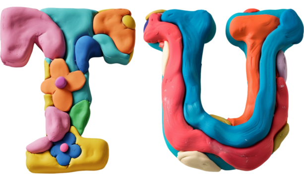 3D clay alphabet T,U isolated on white