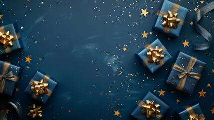 Christmas background with blue gift boxes and golden stars on dark navy blue color, top view. New Year or Christmas