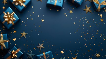 Christmas background with blue gift boxes and golden stars on dark navy blue color, top view. New Year or Christmas