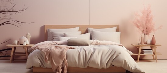 Fototapeta na wymiar Cozy bedroom interior with casual style bedding and pink accents.